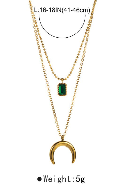 Stainless Steel Chain Green Stone & Moon Pendant Necklace