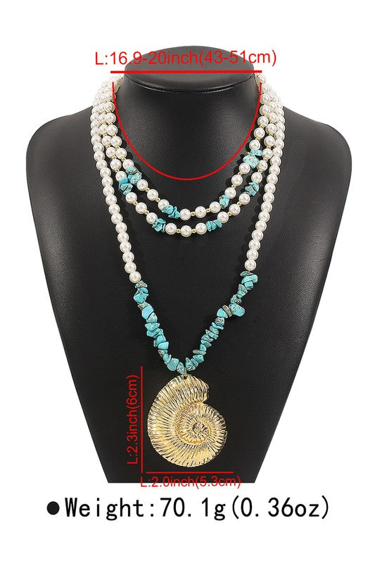 Layered Pearl Turquoise Conch Pendant Necklace