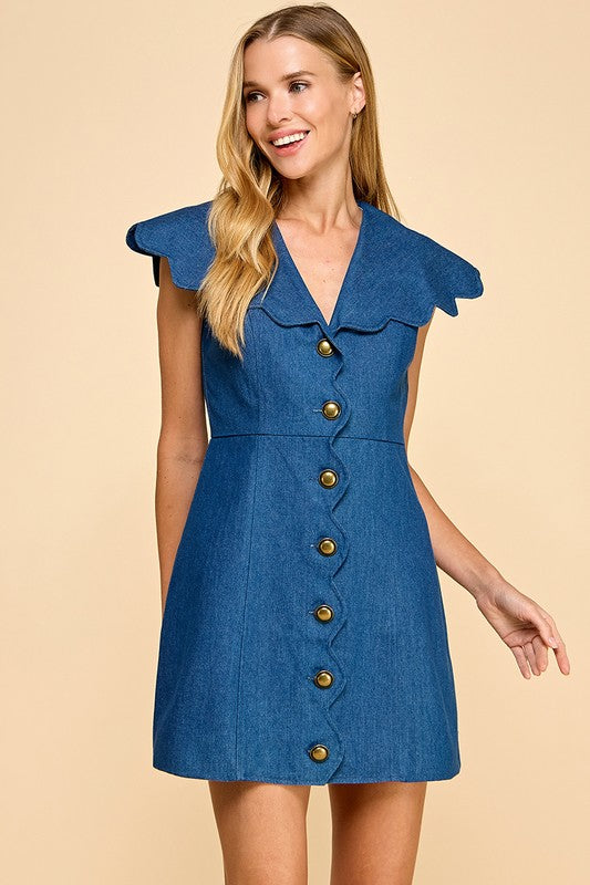 Denim Scallop Detail Button Down Dress