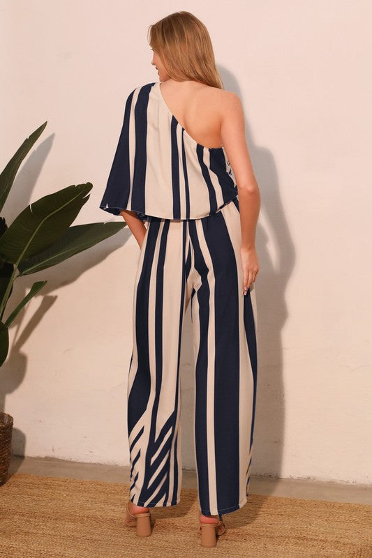 One Shoulder Stripes Jumpsuit