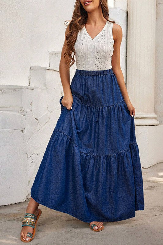 Denim Tiered Maxi Skirt