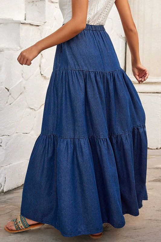 Denim Tiered Maxi Skirt