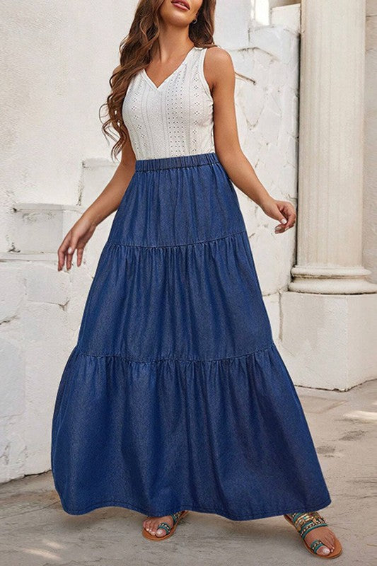 Denim Tiered Maxi Skirt