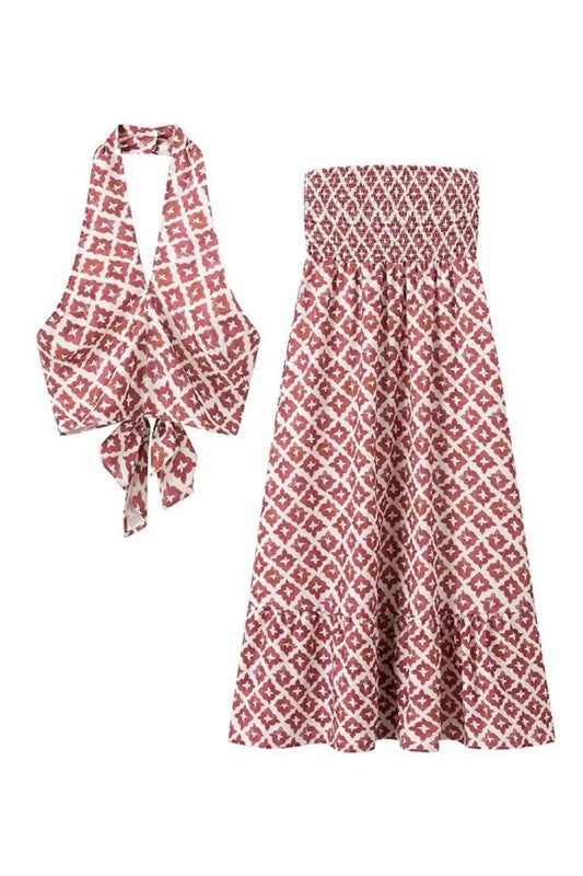 Geometric Print Strapless Skirt Set