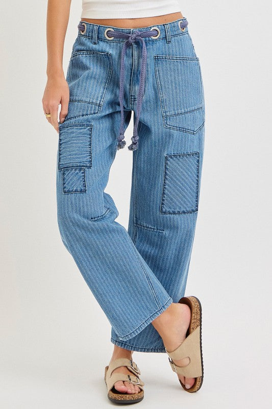 Striped Washed Patchwork Barrel Jean