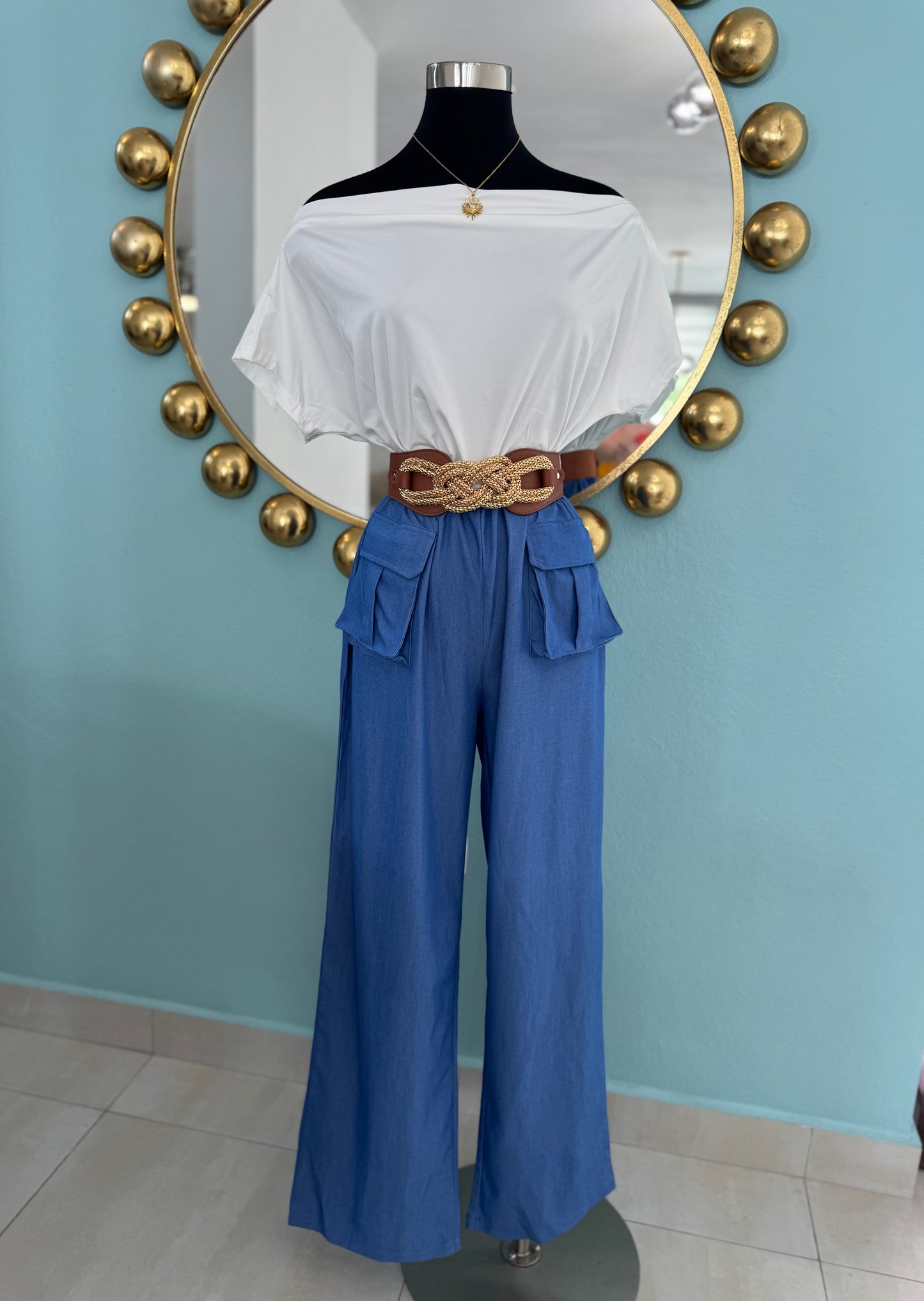 Off Shoulder Denim Jumpsuit