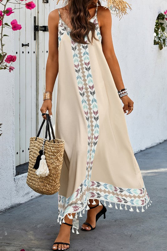 Asymmetric Hem Tassel Sleeveless Print Full Dress Mila Boutique Asymmetric Hem Tassel Sleeveless Print Full Dress Mila Boutique