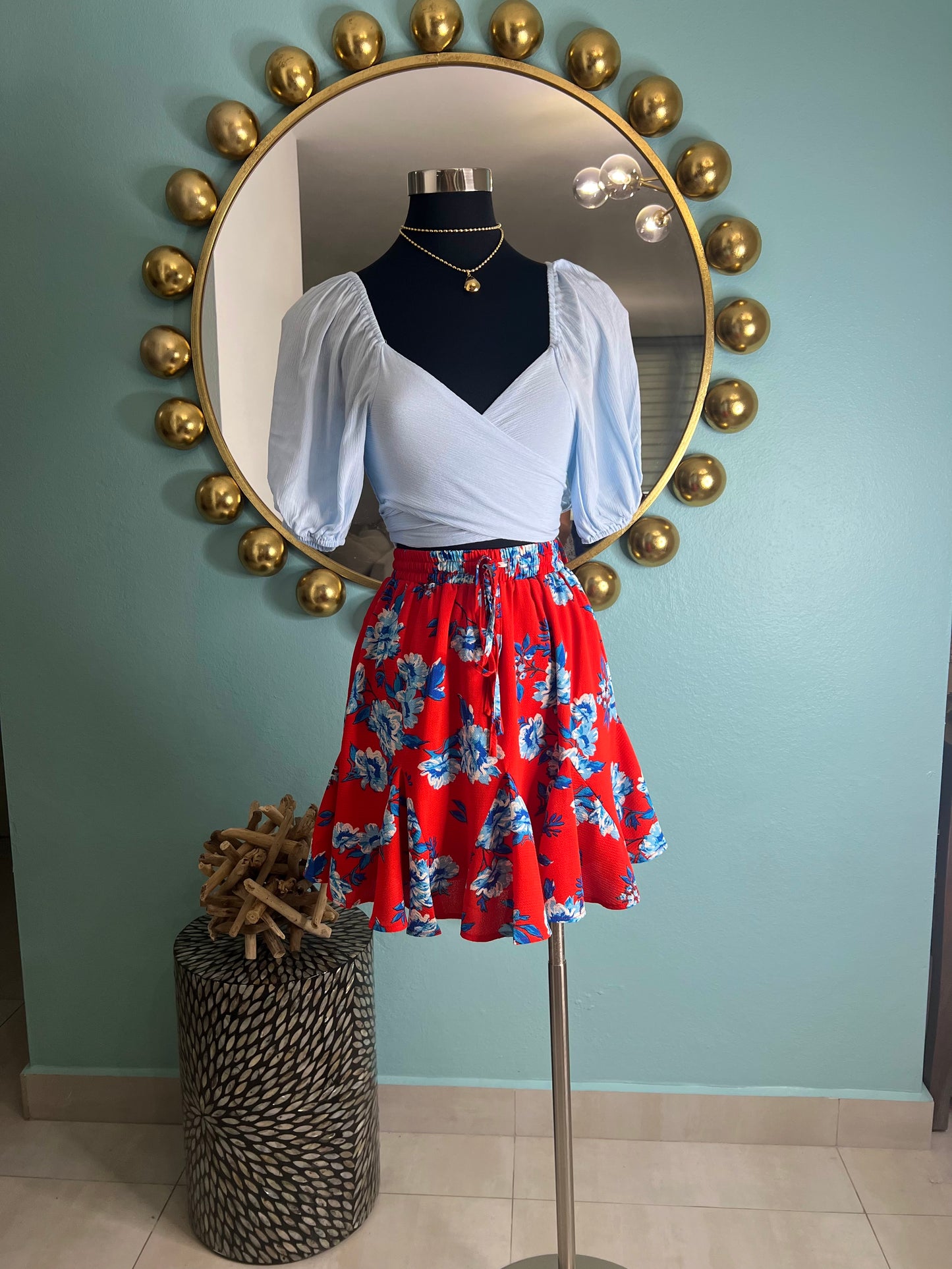 Short Sleeve Back Tie Smock Surplice Crop Top