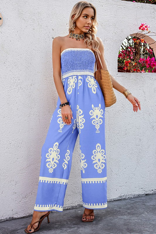 Off Shoulder Ruched Printed High Waist Jumpsuit (Pick Color)