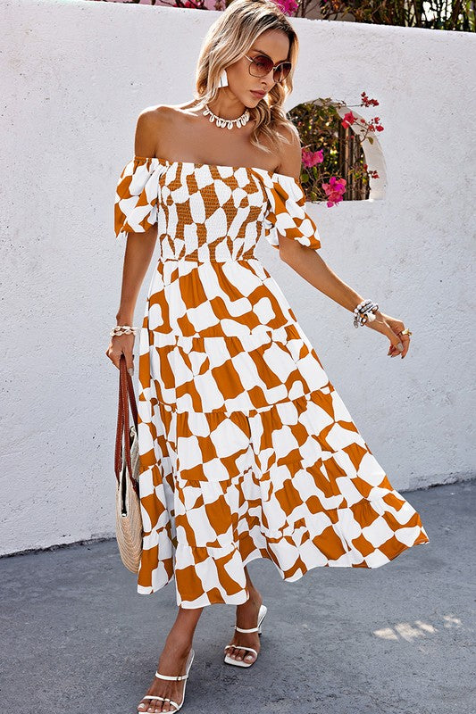 Print Off Shoulder Ruched Ruffle Dress