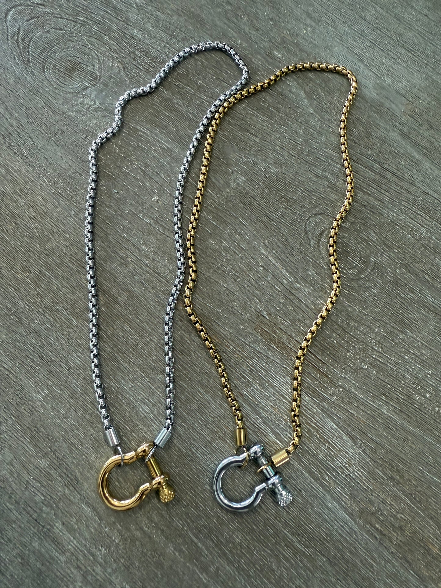 Heavy Screw Anchor Shackle two Tone SS Necklace (Pick Color)