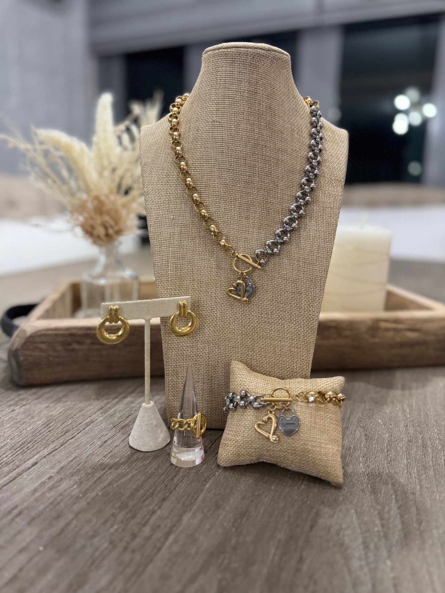 Two Tones Chunky Two Chain SS Necklace Set