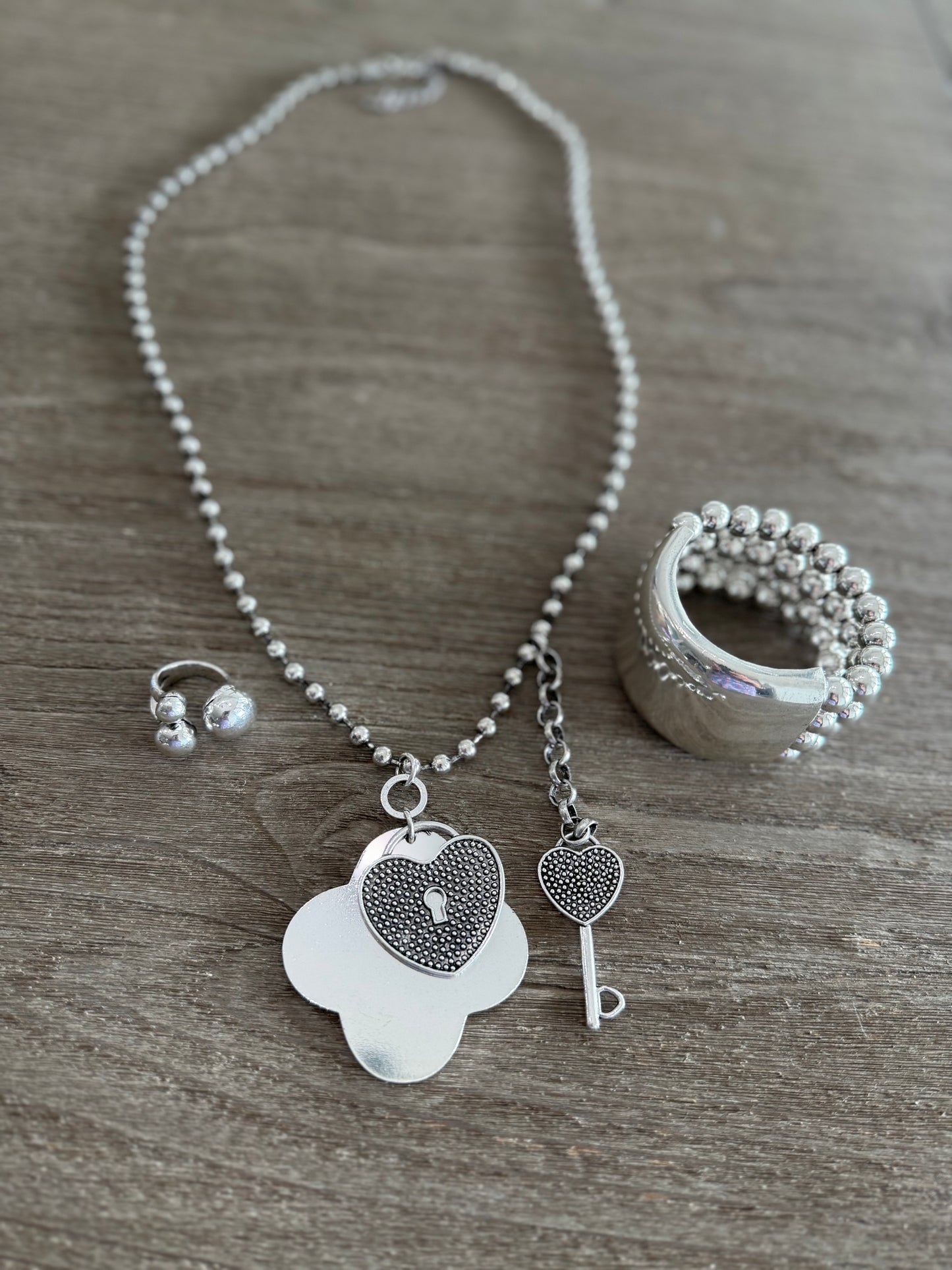 Lock & Key Long Silver Necklace