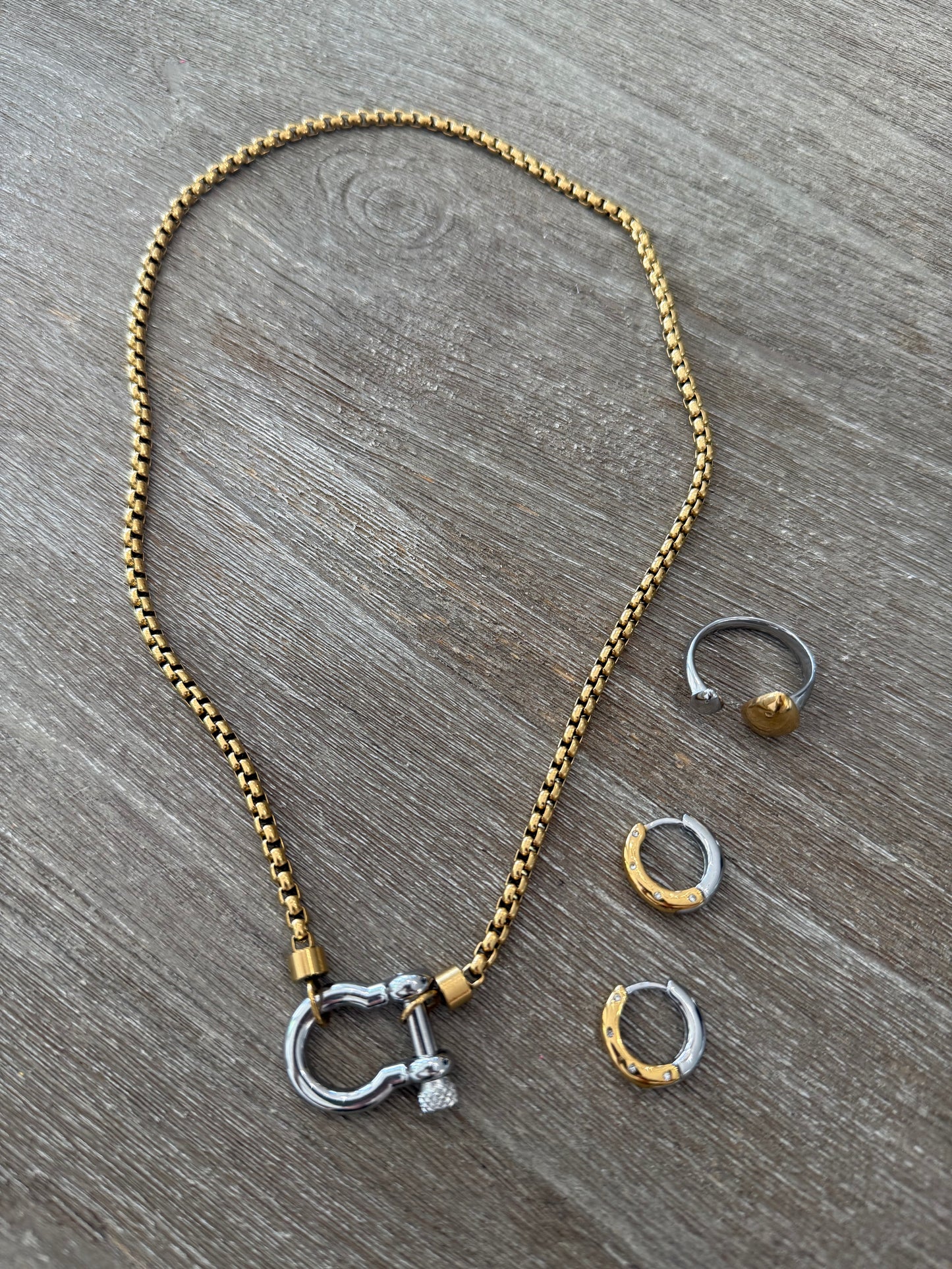 Heavy Screw Anchor Shackle two Tone SS Necklace (Pick Color)