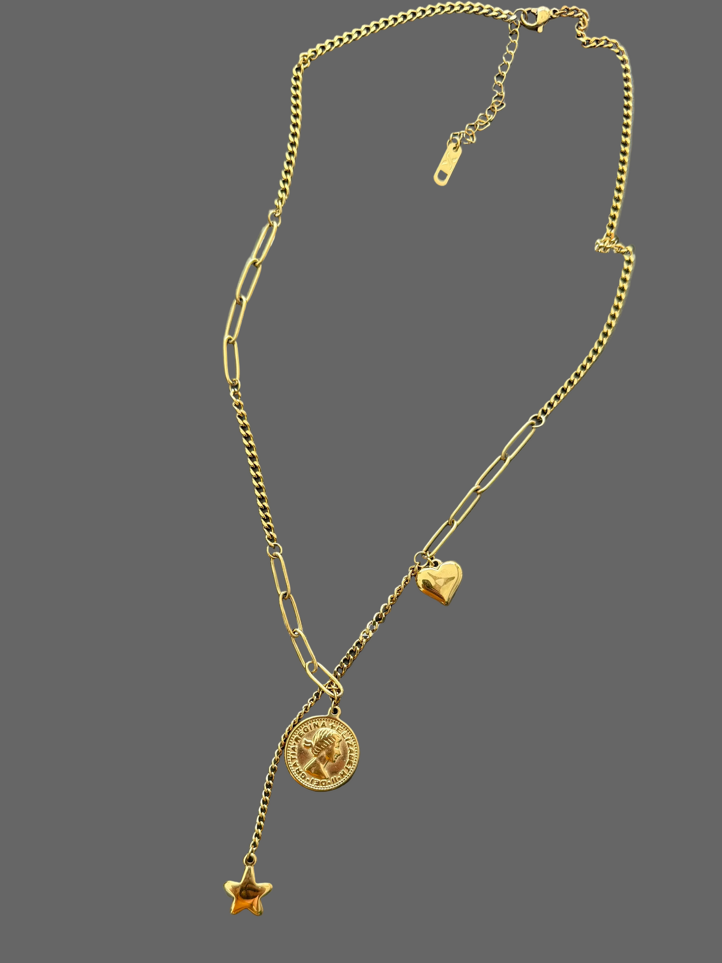 Coin, Star, Heart Lariat Necklace