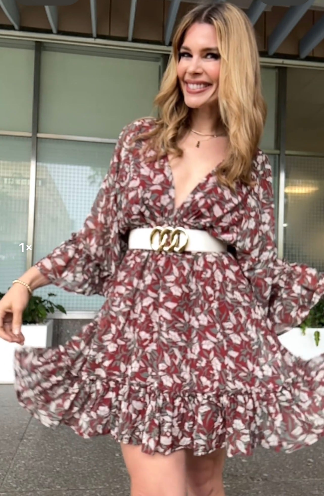Quarter Sleeve Ruffle Belted Floral Mini Dress