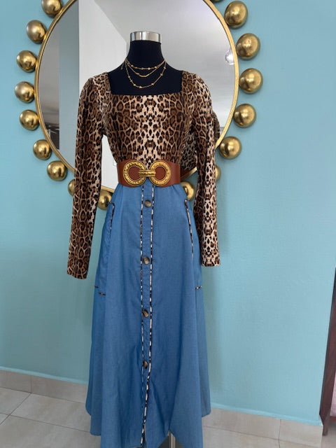 Leopard Denim Midi Dress