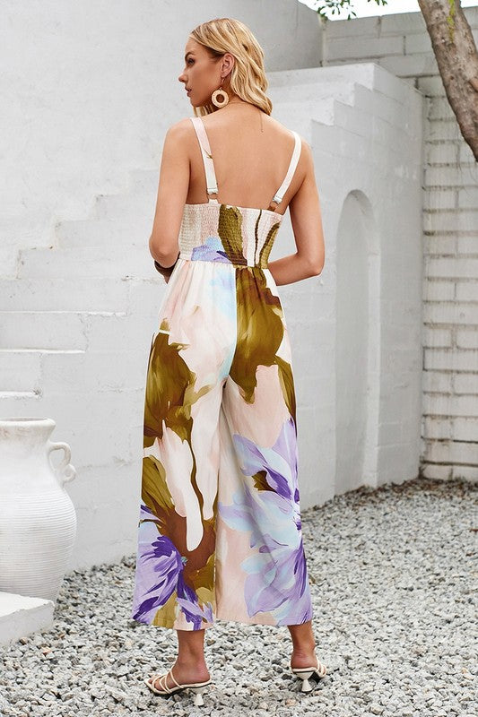 Floral Ruched Cut Out Cross Jumpsuit