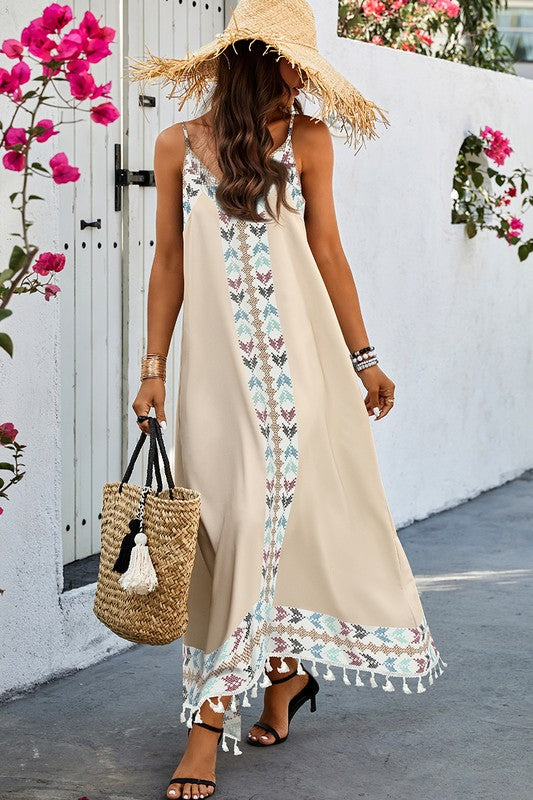 Asymmetric Hem Tassel Sleeveless Print Full Dress