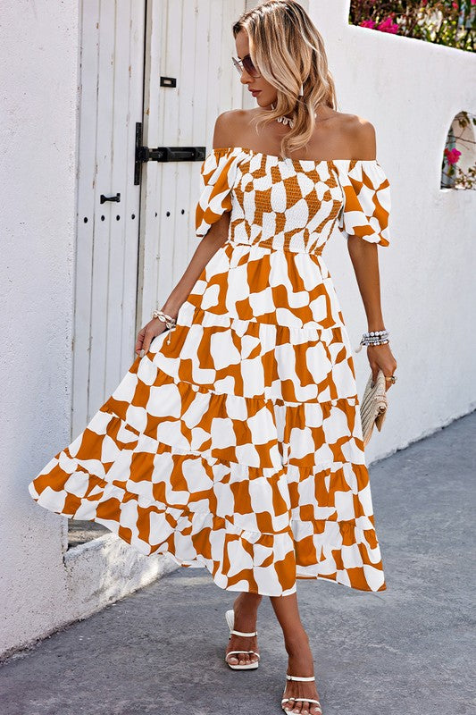 Print Off Shoulder Ruched Ruffle Dress
