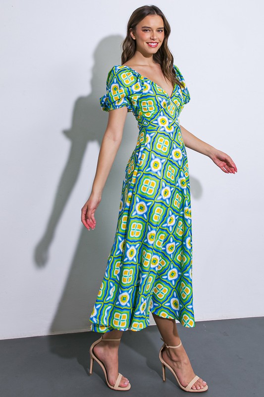 Printed Short Puff Sleeve Midi Dress