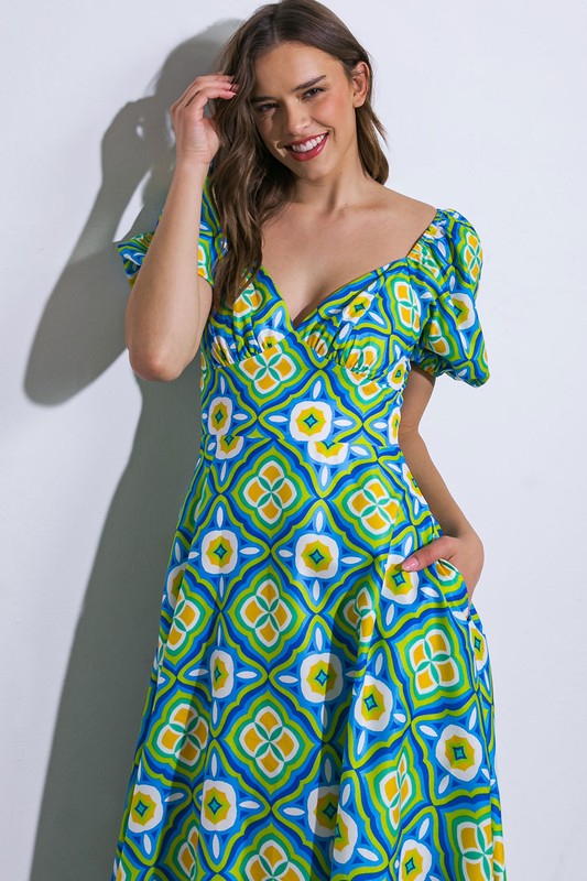 Printed Short Puff Sleeve Midi Dress