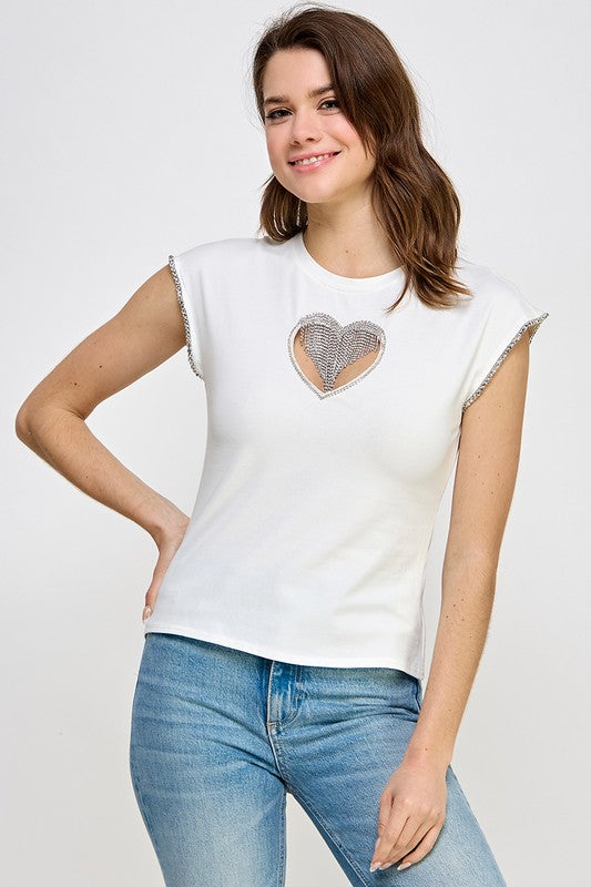 Heart Rhinestone Detail T Shirt