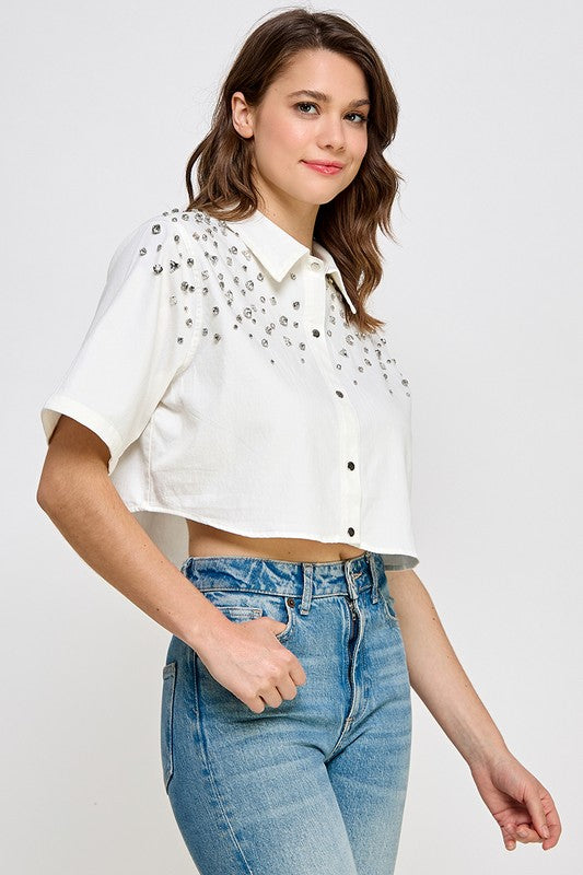 Rhinestone Detail Denim Short Body Shirt
