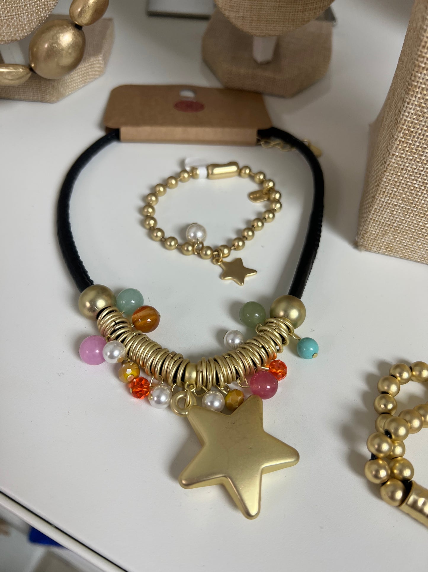 Cord Black With Star And Heart Gold Turkish Necklace