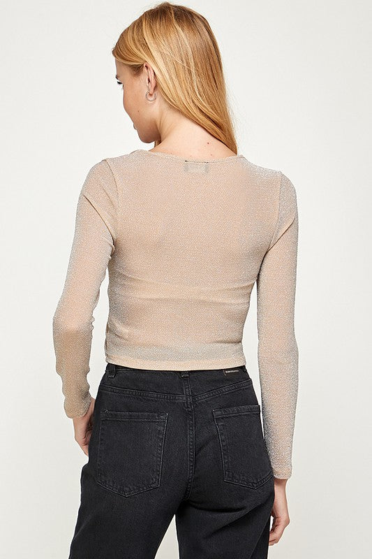 Twist Front Detail Shiny Long Sleeve Top