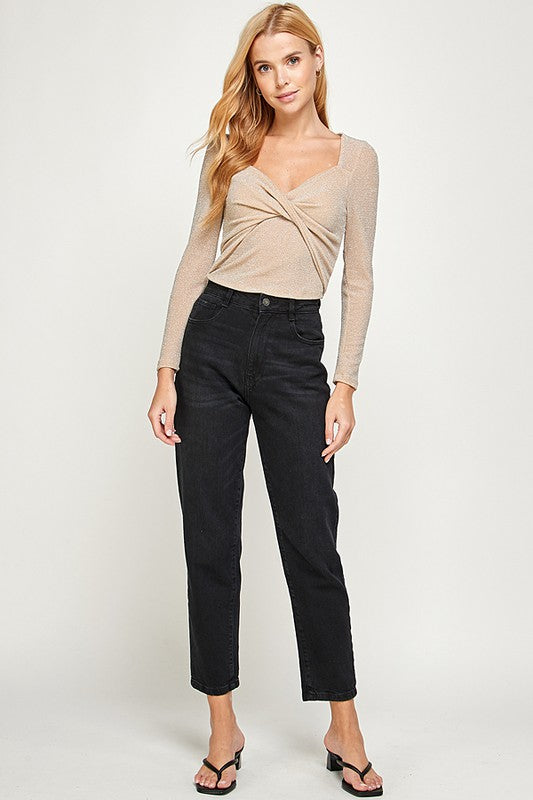 Twist Front Detail Shiny Long Sleeve Top