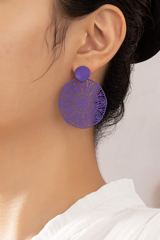 Color Coating Brass Filigree Disk Drop Earrings