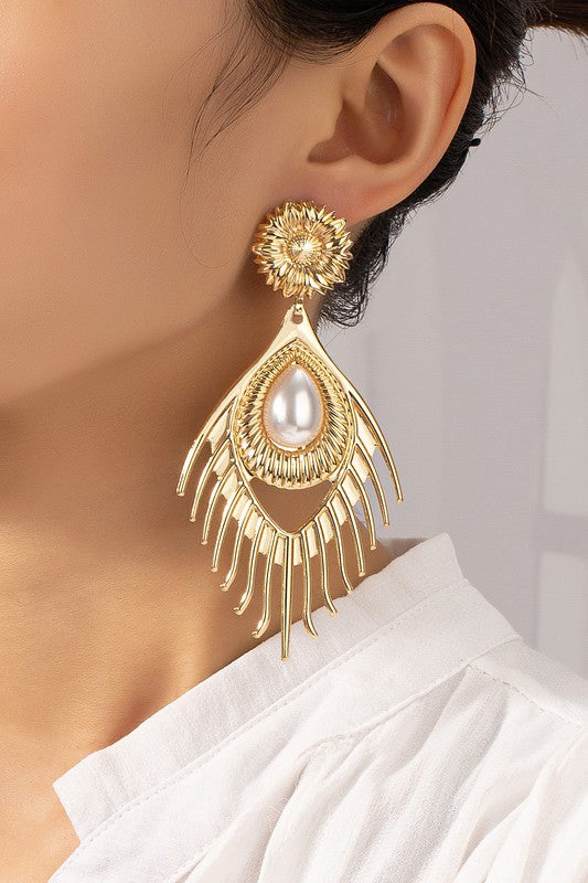 Lightweight Metal Peacock Feather Drop Earrings