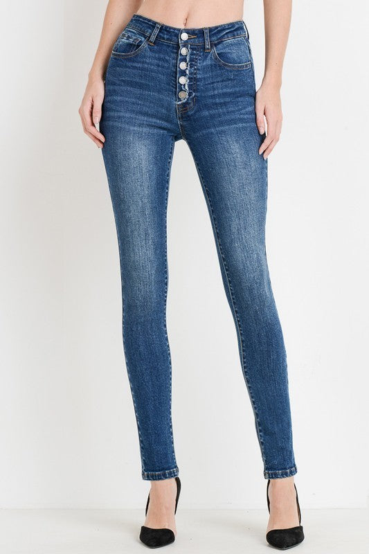 High Waist Button Down Full Length Skinny Jean