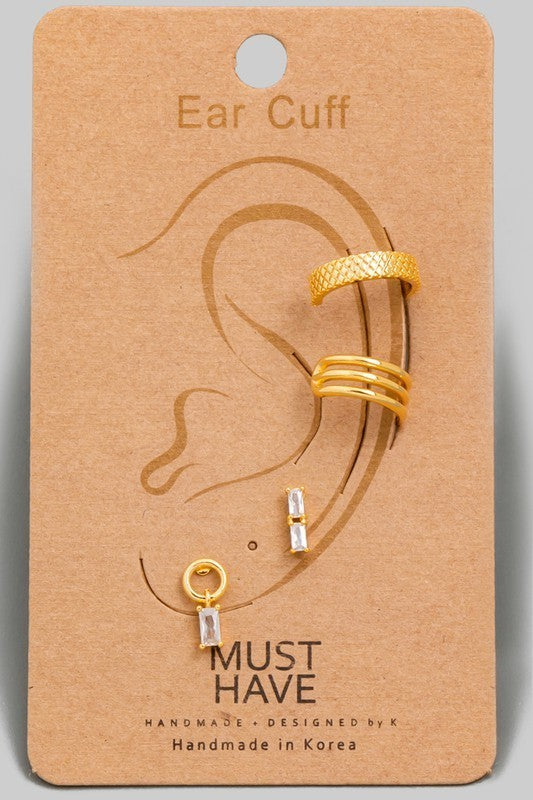 Mini Studded Rhinestone Ear Cuff Silver Set