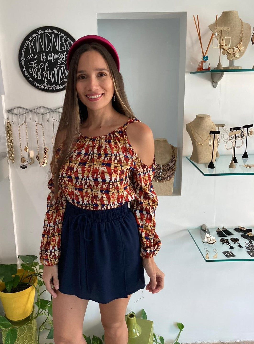 Bohemian Diamond Print Cold Shoulder Top
