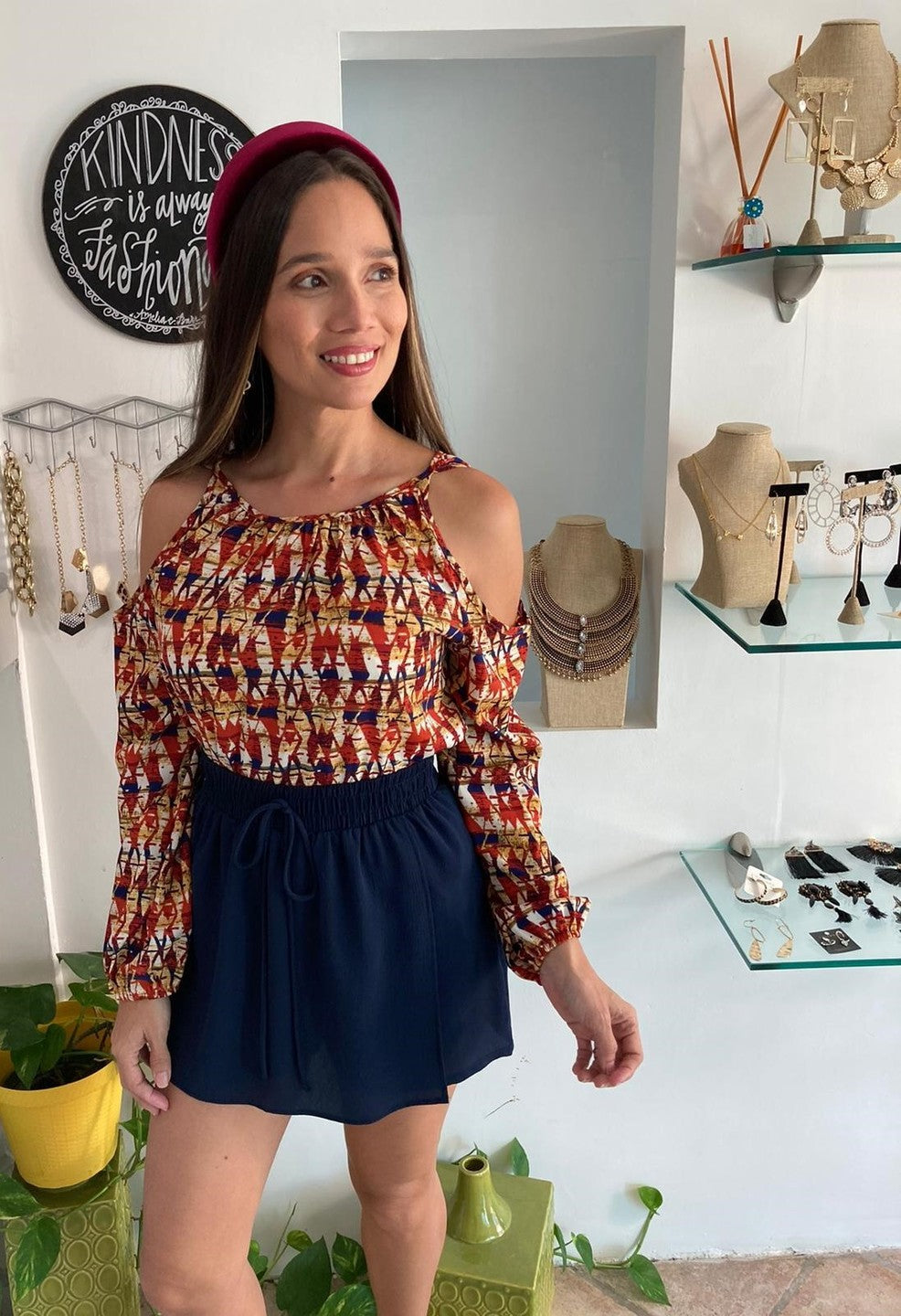Bohemian Diamond Print Cold Shoulder Top