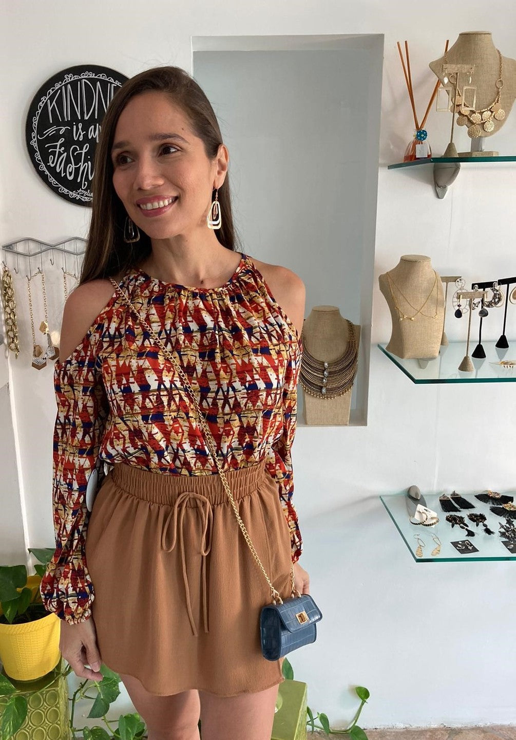 Bohemian Diamond Print Cold Shoulder Top