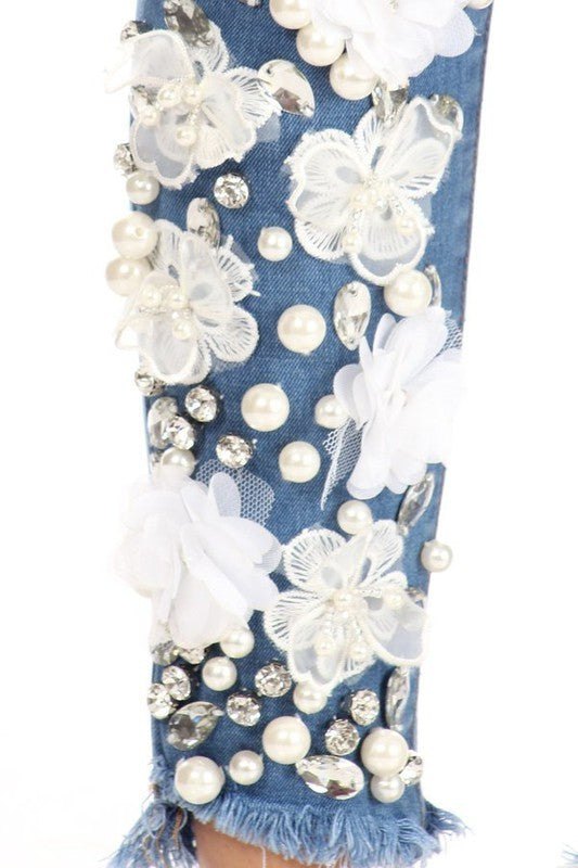Rhinestone and Flower Detail Skinny Jean