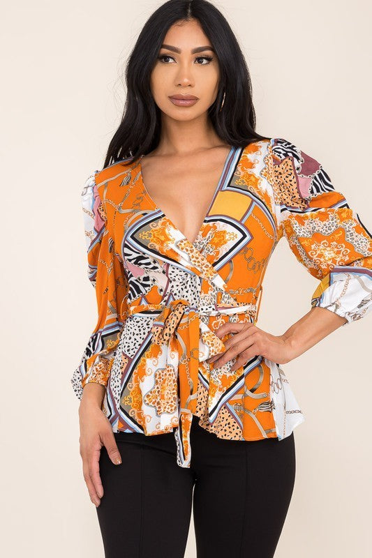 Chain Print Wrap Blouse