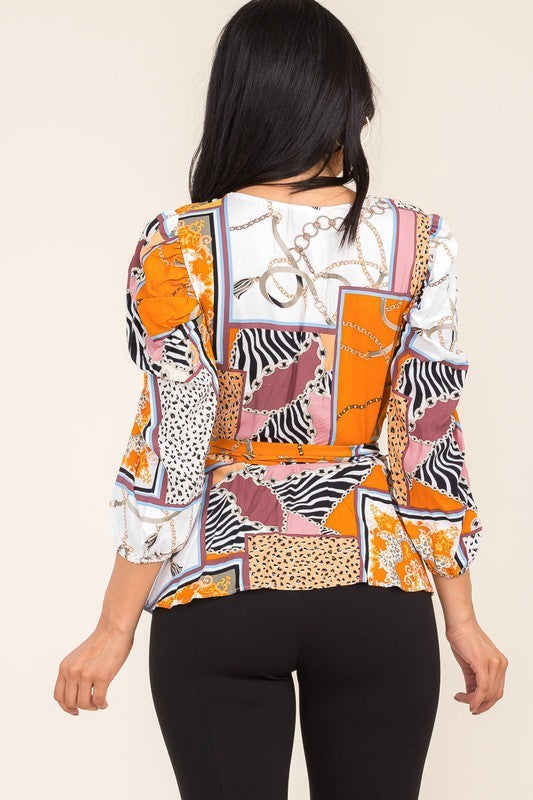 Chain Print Wrap Blouse