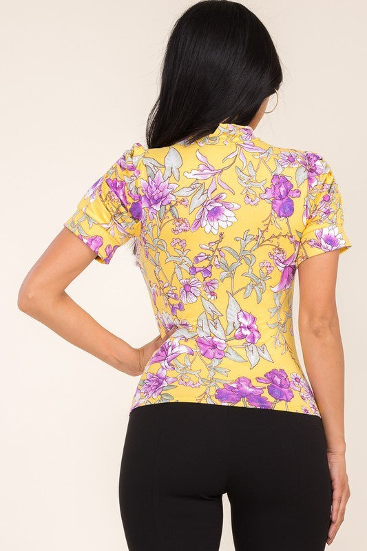 Floral Print Mock Neck Key Hole Casual Top