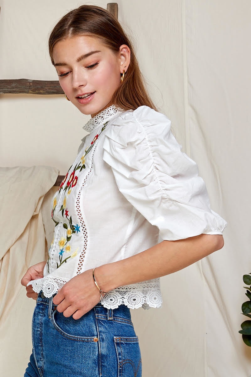 Floral Embroidery Puff Sleeve Top