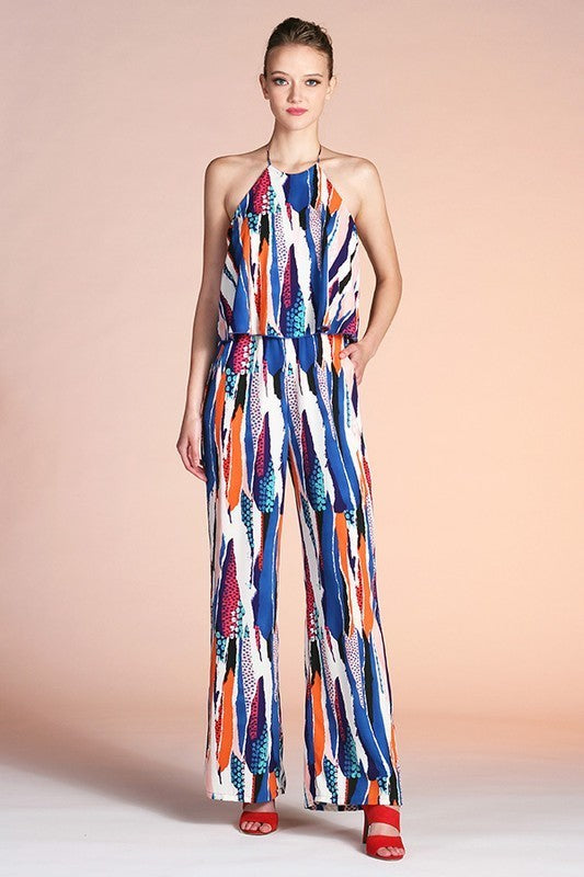 Mixed Print Halter Jumpsuit