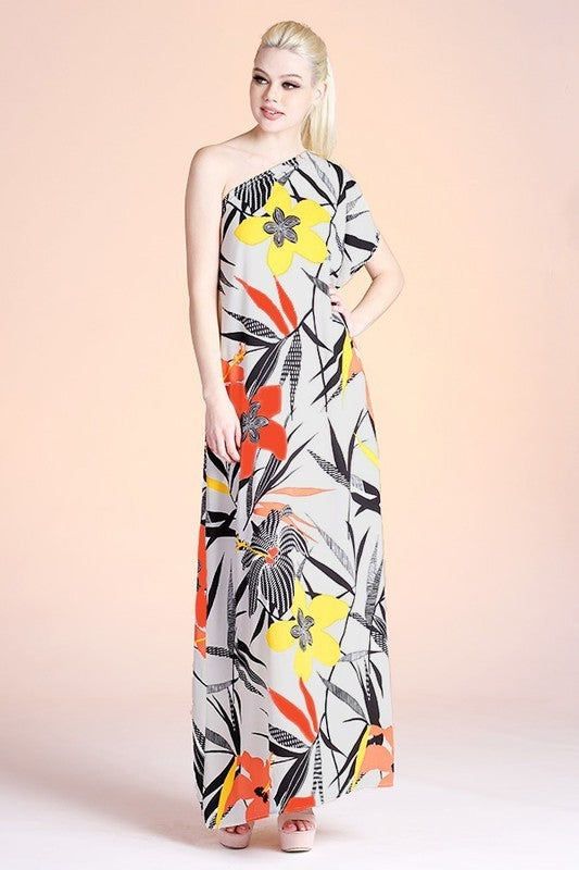 Floral Print One Shoulder Maxi Dress