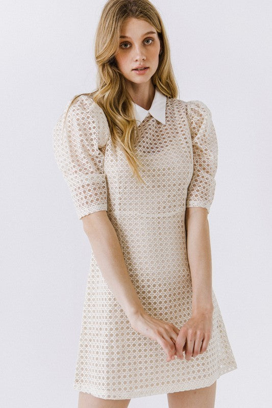 Check Puff Sleeve Short Dress