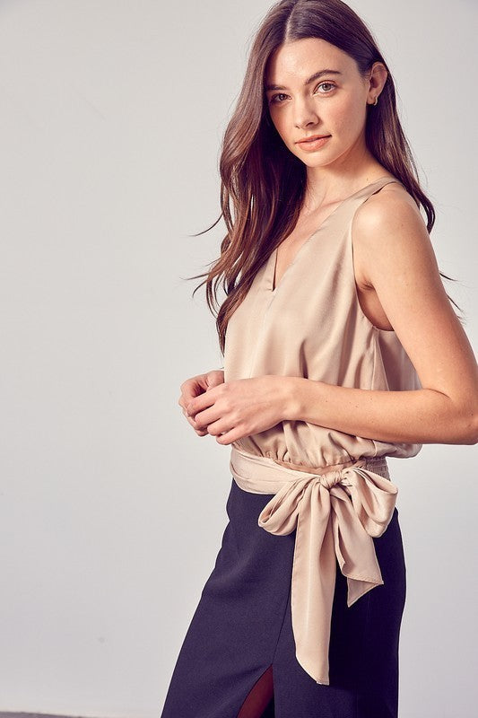 Satin Side Tie V-Neck Top
