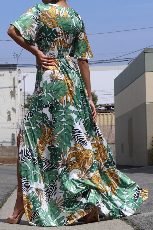 Leaf Print V Neck Maxi Dress