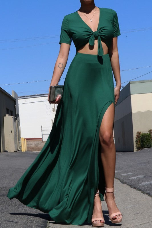 Venetian V Neck Tie Maxi Dress