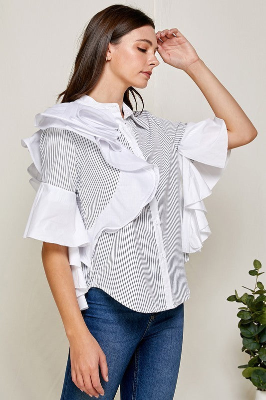 Striped Ruffles Sleeves Blouse Top